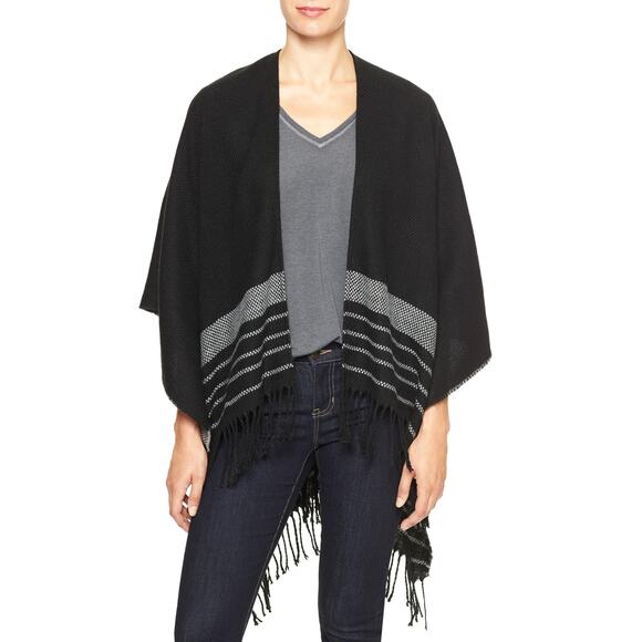 Gap Poncho Fringe Black Striped Gray One Size - Picture 1 of 7